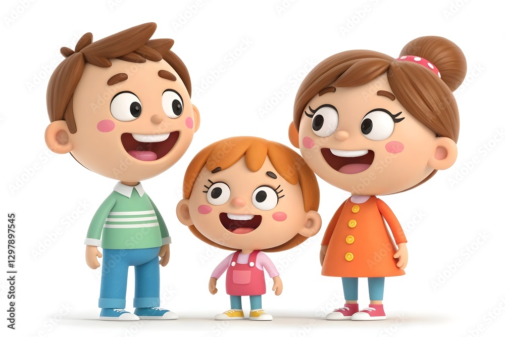 Cute 3D Smiling Family Set – Loving Parents and Cheerful Kids in Full-Body View Cute 3D Smiling Family Set – Loving Parents and Cheerful Kids in Full-Body View
