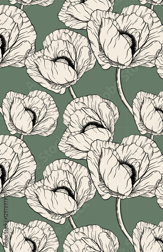 Big vintage poppies hand drawn vector seamless pattern. Many beautiful blooming outline flowers background. Retro spring print. Linear ink sketch. Art for elegant textile, packaging, ad layout design