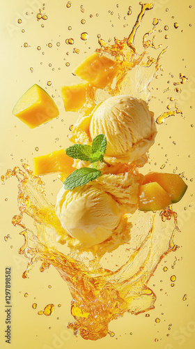 Mango Ice Cream Splash with Fresh Fruit – Vibrant and Refreshing