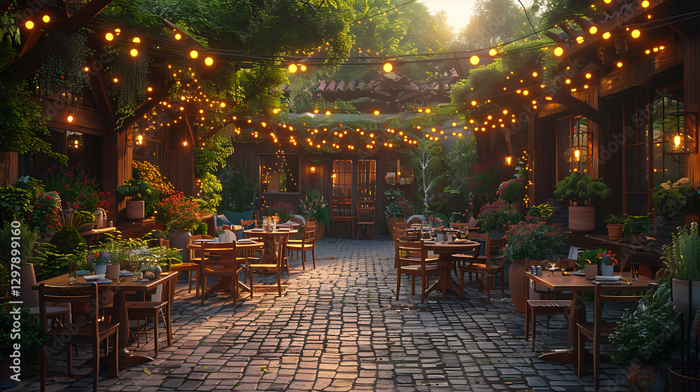Fototapeta premium Cozy Outdoor Café Patio with Rustic Wooden Tables and String Lights