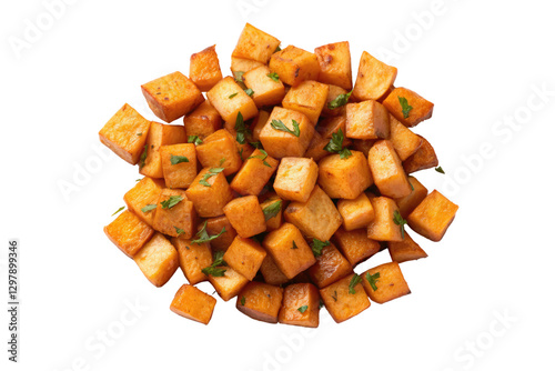 Pile of roasted diced sweet potatoes isolated with transparent background
