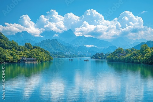 Mountain lake serene blue sky