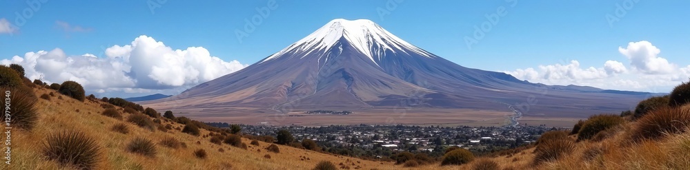 Snow-capped Cotopaxi volcano overlooking Zumbahua village, Zumbahua, landscape, village Snow-capped Cotopaxi volcano overlooking Zumbahua village, Zumbahua, landscape, village