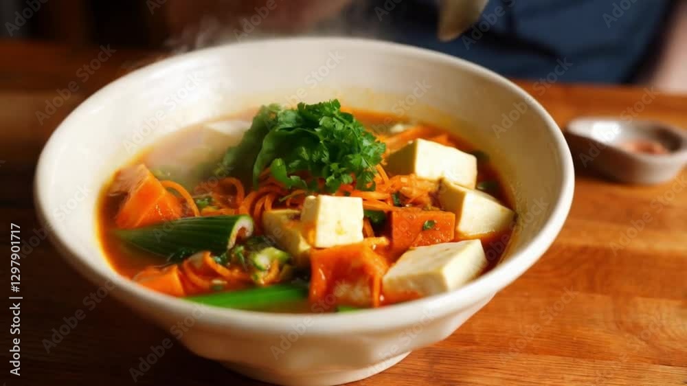 Hot kimchi stew with tofu and vegetables in a bowl, rustic wooden table, cozy kitchen light
Hot kimchi stew with tofu and vegetables in a bowl, rustic wooden table, cozy kitchen light