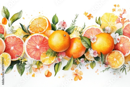 Watercolor citrus fruits and flowers border.