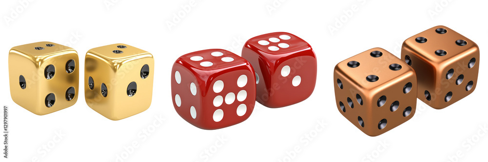 pair of colorful dice showing double six, red, gold, and bronze pair of colorful dice showing double six, red, gold, and bronze