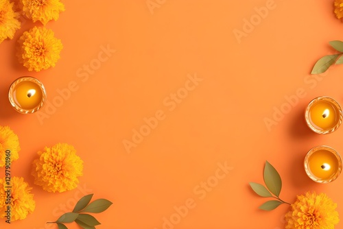 Marigold flowers and lit candles on orange background with copy space. Diwali decoration. Festive flat lay for Hindu holidays, autumn celebrations, and memorial events. photo