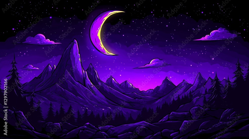 Pixelated crescent moon over fantasy purple mountains sparkling nightscape digital illustration retro gaming backdrop for designers Pixelated crescent moon over fantasy purple mountains sparkling nightscape digital illustration retro gaming backdrop for designers