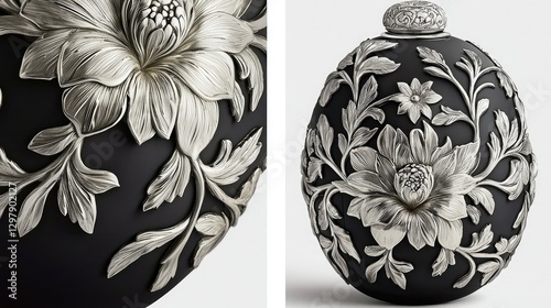 Ornate Black Vase, Floral Embossing