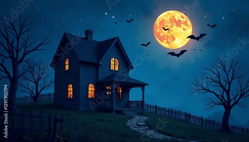 Spooky haunted house with ghosts and bats on full moon night, haunted house, Halloween, element