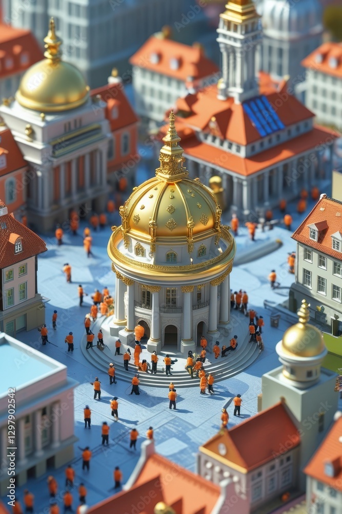 Obraz premium A Lively Construction Site Where Tiny Figures Assemble Iconic Administrative Structures with Precision