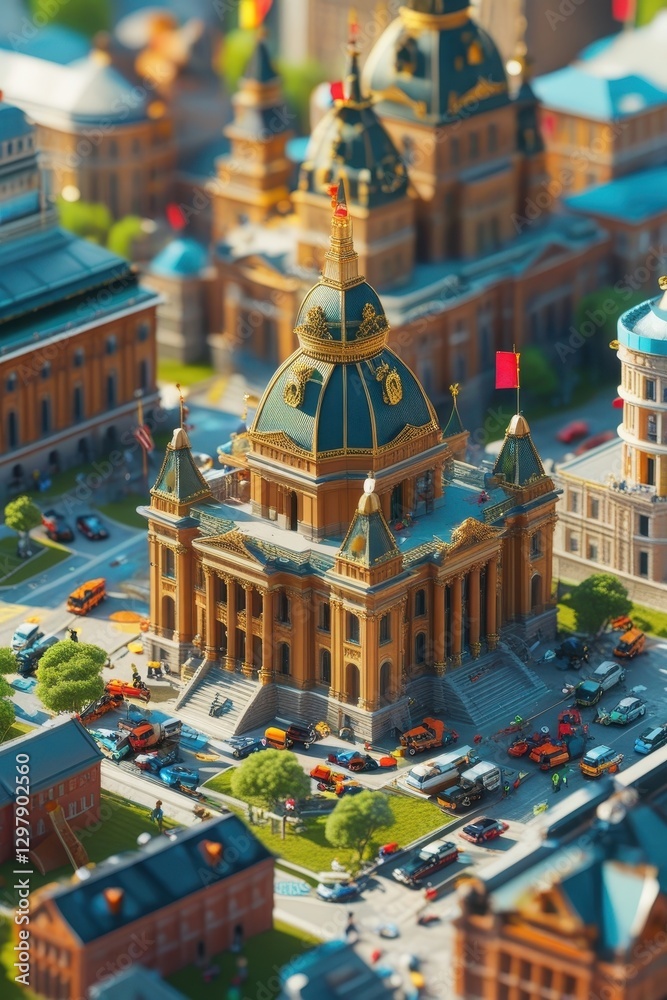 Obraz premium Tiny Citizens Work Together to Construct Iconic Administration Buildings in a Macro Hyper-Realistic Scene