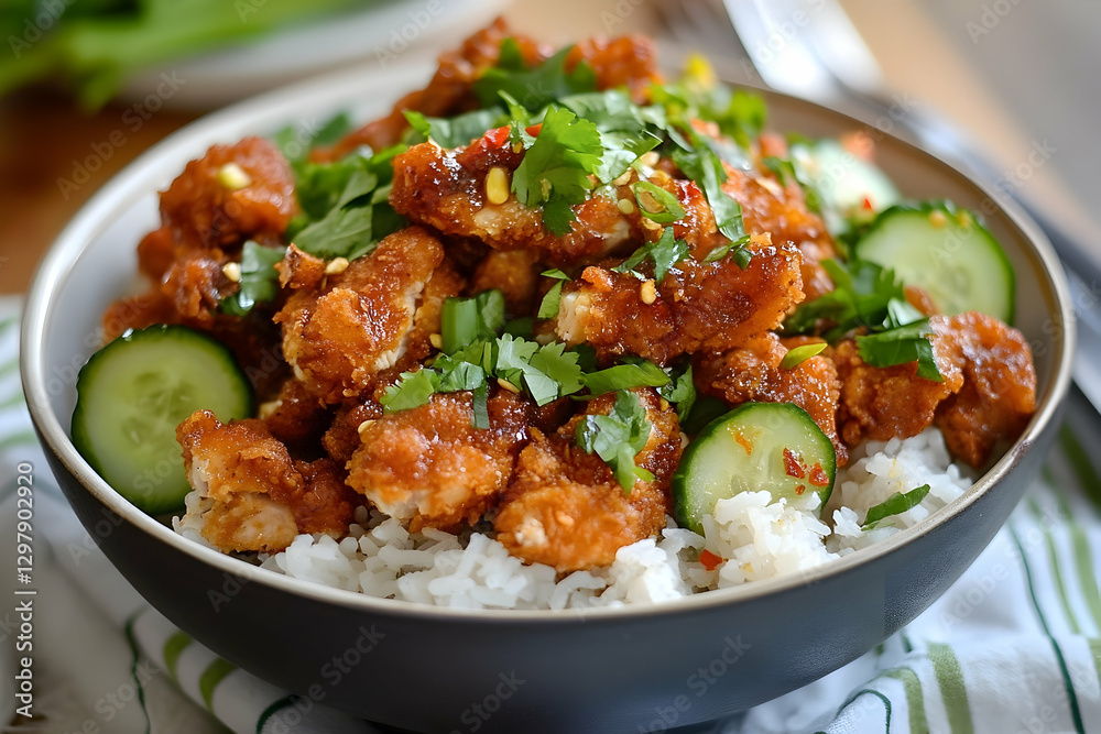 Delicious sesame chicken with rice, cucumber and cilantro garnish served in a bowl, a culinary delight for food enthusiasts Delicious sesame chicken with rice, cucumber and cilantro garnish served in a bowl, a culinary delight for food enthusiasts