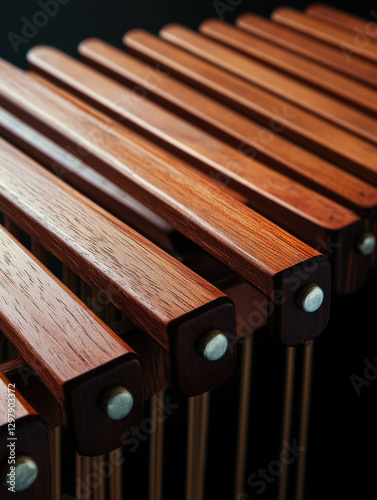A marimba with its wooden bars and resonators