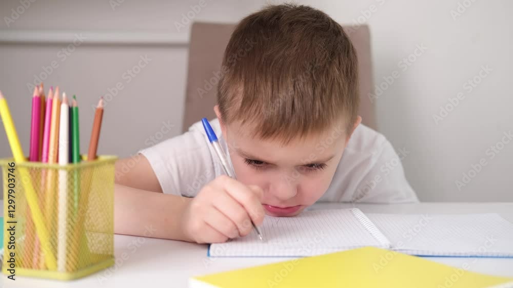 Tired, frustrated student is sitting at desk doing his homework. Learning difficulties, the concept of education. Student experiencing stress during homeschooling. Tired, frustrated student is sitting at desk doing his homework. Learning difficulties, the concept of education. Student experiencing stress during homeschooling.