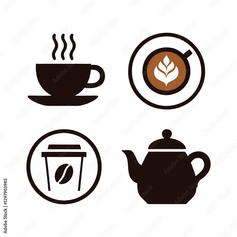 Obraz premium Four Cafe Icons Coffee Cup, Takeaway Cup, Latte Art, and Teapot
