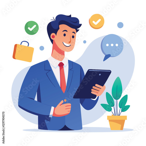 Man holding and using digital tablet computer. Tablet computer concept illustration. Vector illustration in cartoon style.