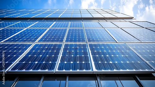 Solar panels covering modern building facade; sustainable energy, urban design photo