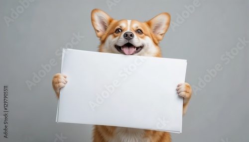 Happy corgi dog holding a blank sign in front of a gray background