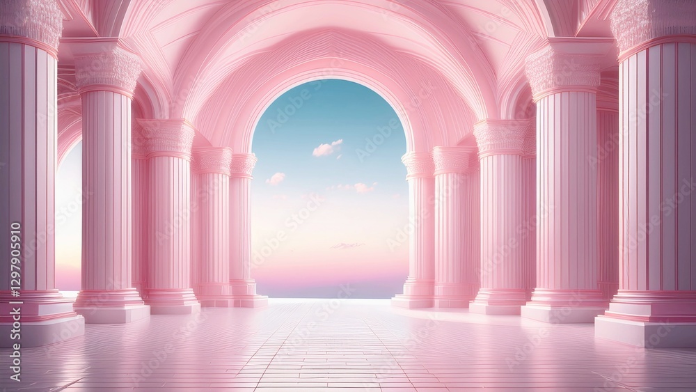 Fototapeta premium Go to Page |12345...34Next a grand architectural scene with classical-style columns and arches bathed in a soft pink hue. 