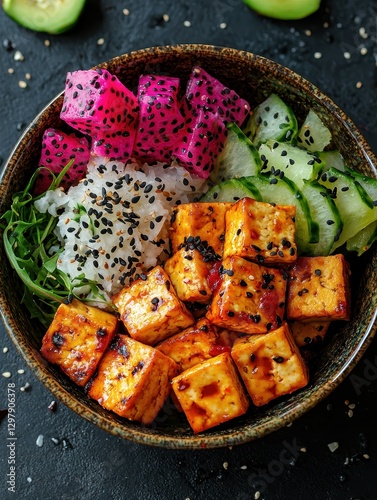 Delicious vegan bowl with grilled tofu fresh vegetables and exotic fruits home kitchen food photography