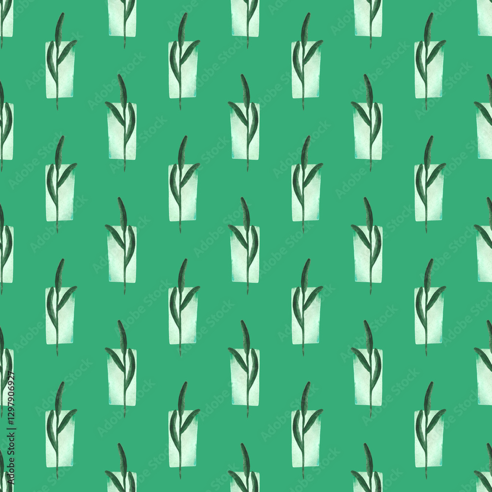 Seamless pattern of watercolor green plants on a green background. Botanical watercolor background.