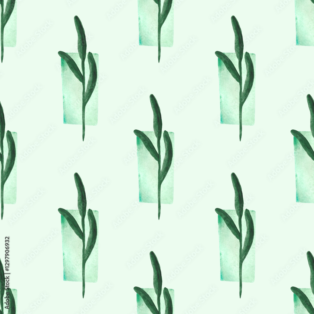 Seamless pattern of watercolor green plants on a green background. Botanical watercolor background.