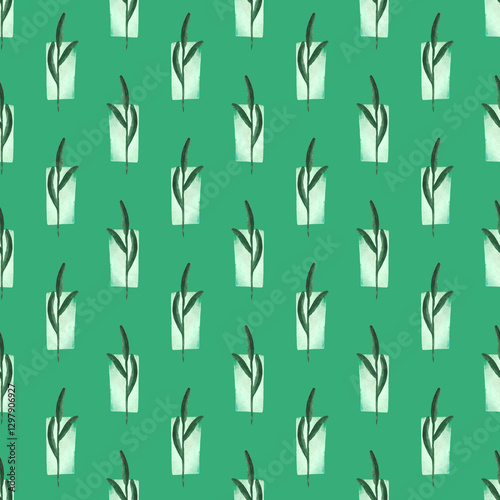 Obraz na płótnie Seamless pattern of watercolor green plants on a green background. Botanical watercolor background. w salonie