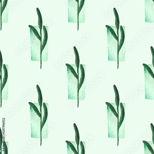 Obraz na płótnie Seamless pattern of watercolor green plants on a green background. Botanical watercolor background. w salonie