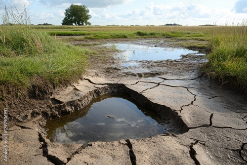 Fields drying out and cracking under the influence of a rainless summer, with shallowing of water bodies. 
