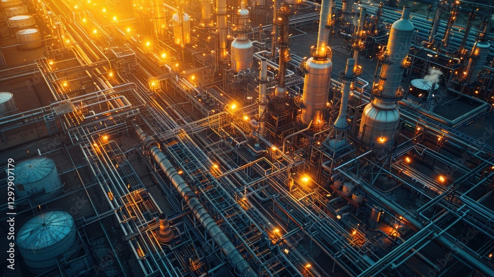 Fototapeta premium Aerial view of illuminated oil refinery at night, complex network of pipes and towers.