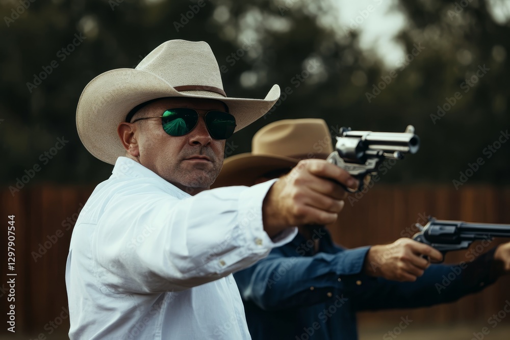 Cowboys practice shooting at outdoor range during golden hour with vintage revolvers and modern pistols in rural setting Cowboys practice shooting at outdoor range during golden hour with vintage revolvers and modern pistols in rural setting