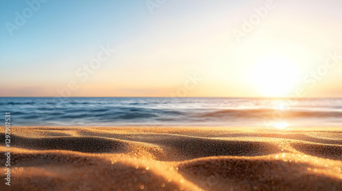 Golden Sunset Over Ocean Waves With Sand Beach and Clear Blue Sky in Evening