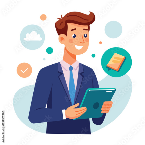 Man holding and using digital tablet computer. Tablet computer concept illustration. Vector illustration in cartoon style.