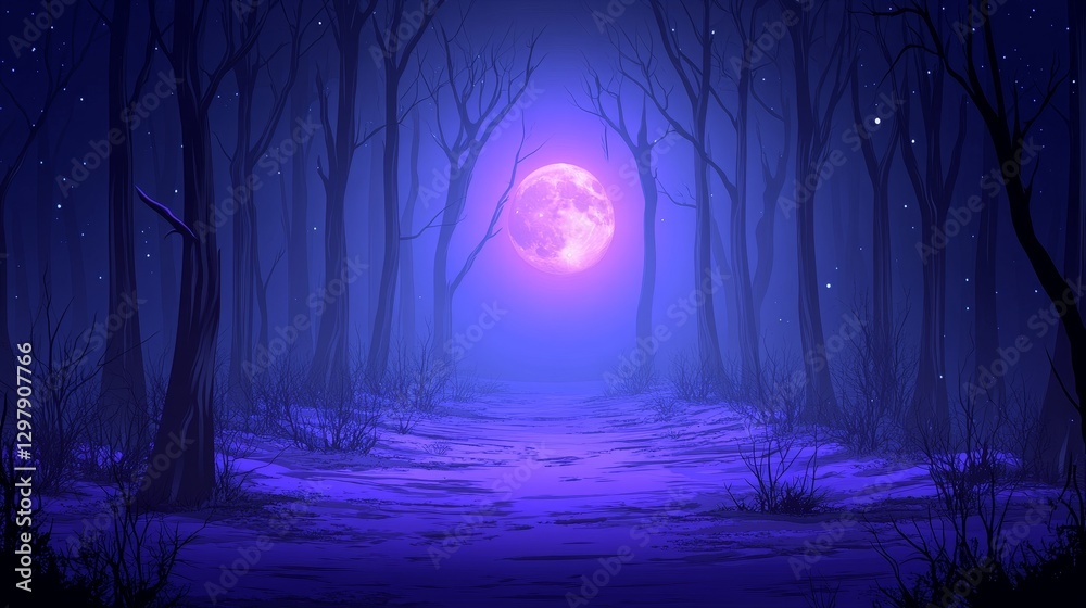 Fototapeta premium Eerie night forest path with glowing moon and fireflies digital background with moody dark and blue light mysterious halloween landscape art