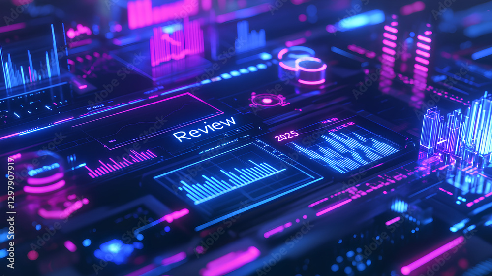 Fototapeta premium Futuristic digital landscape with glowing holographic charts bar graphs and numerical projections visualizing data trends and analytics