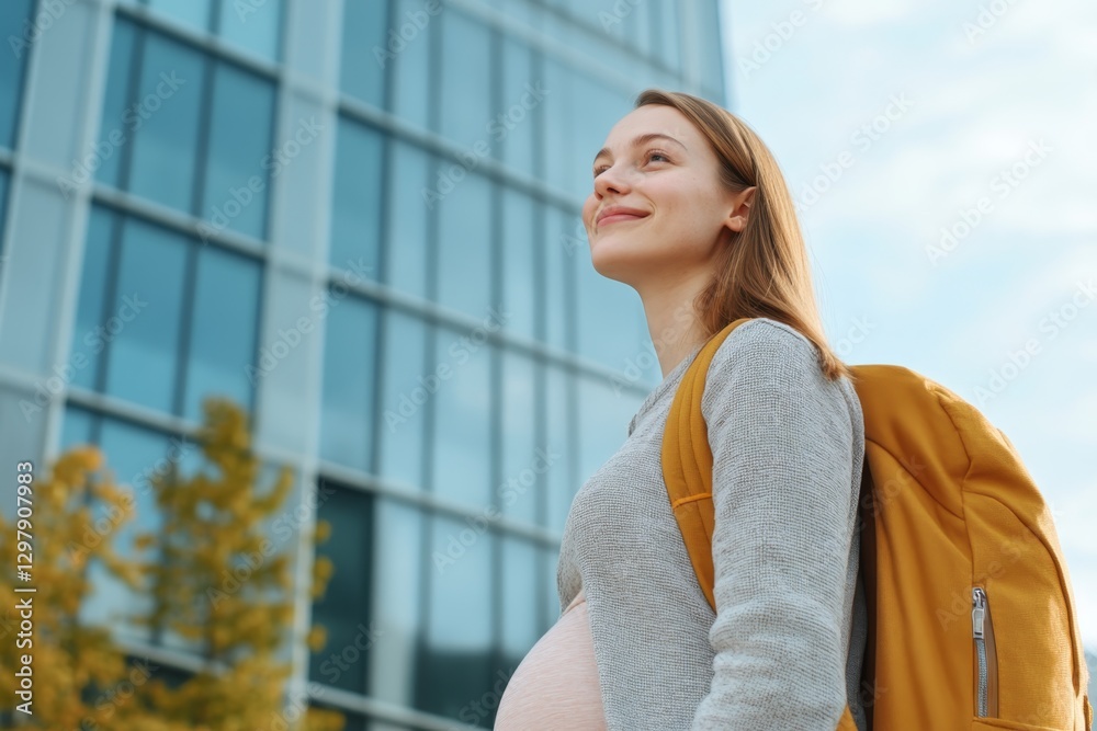 Expecting mother gazing confidently while standing outside a modern building during daytime Expecting mother gazing confidently while standing outside a modern building during daytime