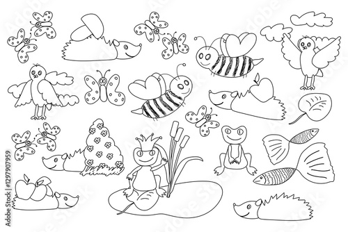 Black and white coloring page featuring hedgehogs, birds, butterflies, bees, frogs, fish, and plants in a fun nature scene.