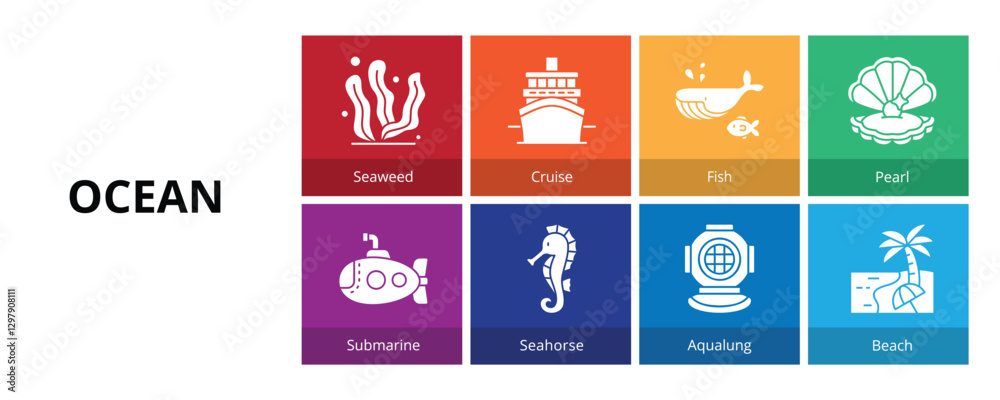 Fototapeta premium Ocean Banner Glyph Solid Web Icon Set Vector Illustration, Seaweed Cruise Fish Pearl Submarine Seahorse Aqualung Beach