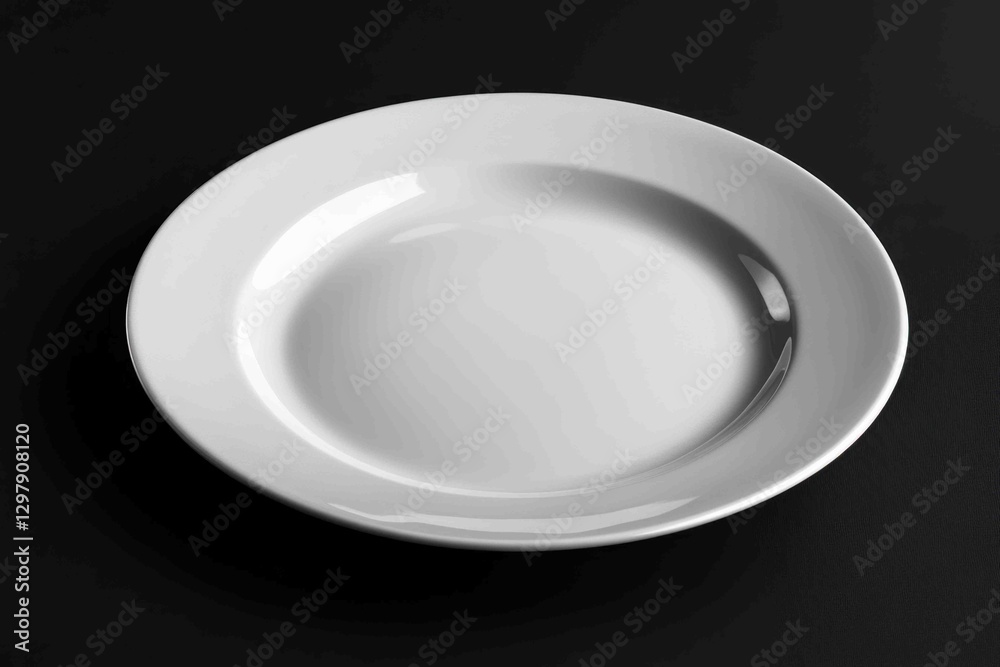 A simple white plate sits on a black surface A simple white plate sits on a black surface