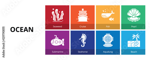 Ocean Banner Glyph Solid Web Icon Set Vector Illustration, Seaweed Cruise Fish Pearl Submarine Seahorse Aqualung Beach