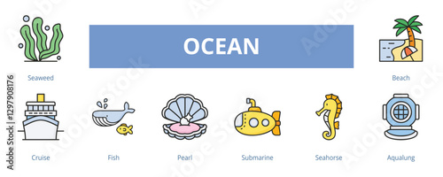 Ocean Banner Lineal Color Web Icon Set Vector Illustration, Seaweed Cruise Fish Pearl Submarine Seahorse Aqualung Beach