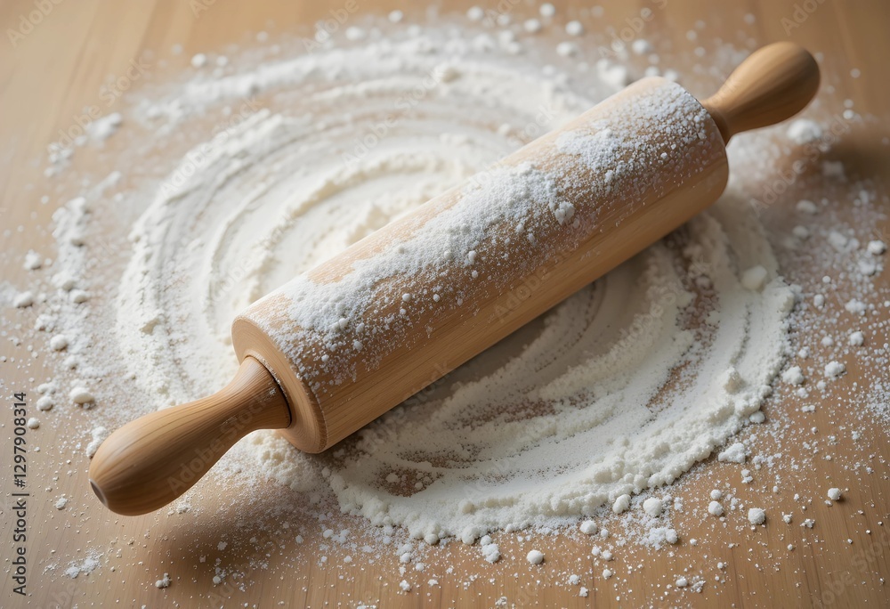 A wooden rolling pin sits on a floured surface, ready for baking. A simple, warm kitchen scene that captures the essence of homemade cooking and pastry preparation. A wooden rolling pin sits on a floured surface, ready for baking. A simple, warm kitchen scene that captures the essence of homemade cooking and pastry preparation.