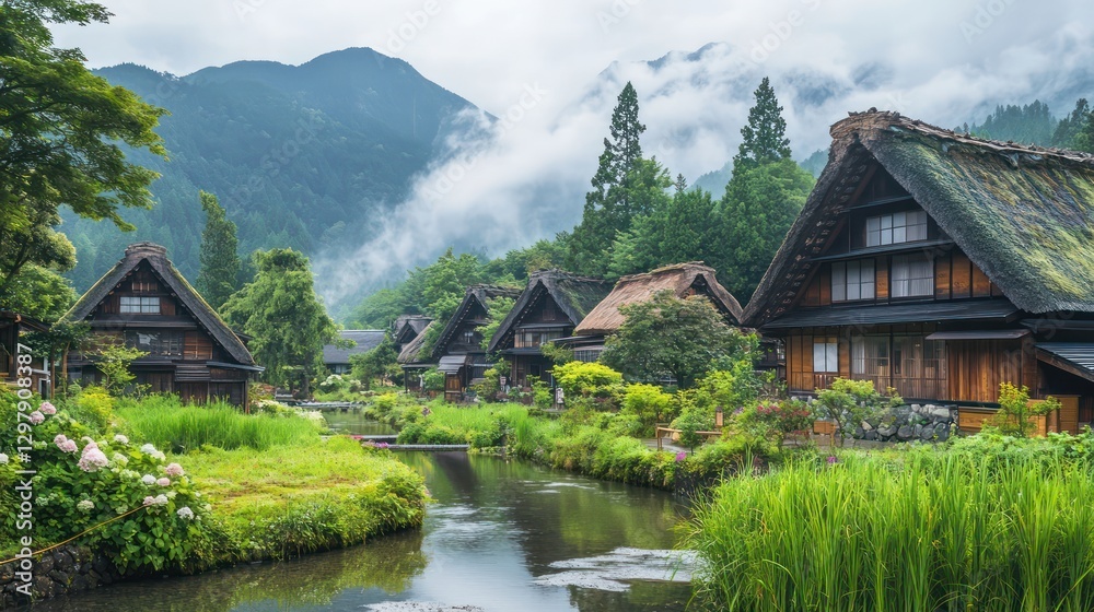 a serene Japanese village nestled in a valley, with a meandering stream and dramatic mountain views a serene Japanese village nestled in a valley, with a meandering stream and dramatic mountain views