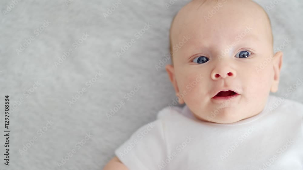 Child's face of a Happy newborn baby looking to camera. Healthy newborn baby in a white t-shirt with blue eyes. Slow motion. Face of a Beautiful active tiny child. Cute white Infant boy, top view. Child's face of a Happy newborn baby looking to camera. Healthy newborn baby in a white t-shirt with blue eyes. Slow motion. Face of a Beautiful active tiny child. Cute white Infant boy, top view.