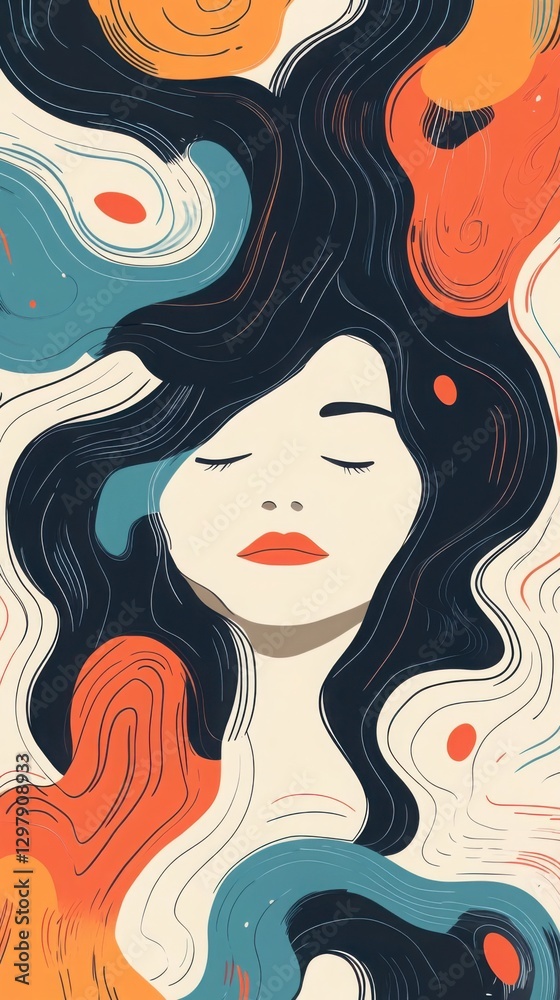 Abstract woman with long hair surrounded by swirling shapes Abstract woman with long hair surrounded by swirling shapes