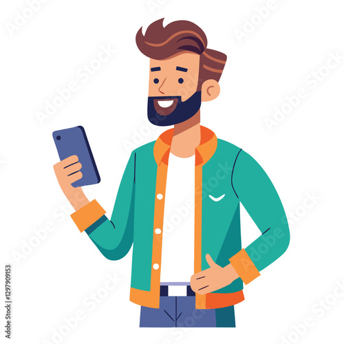 Man holding and using digital tablet computer. Tablet computer concept illustration. Vector illustration in cartoon style.