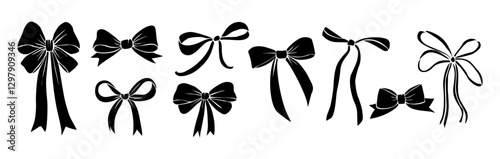 Black Monochrome decorative ribbon bows set. Holiday sign collection. Ribbon symbol, accessory logo, cut files. Vector outline illustrations isolated on transparent background.	