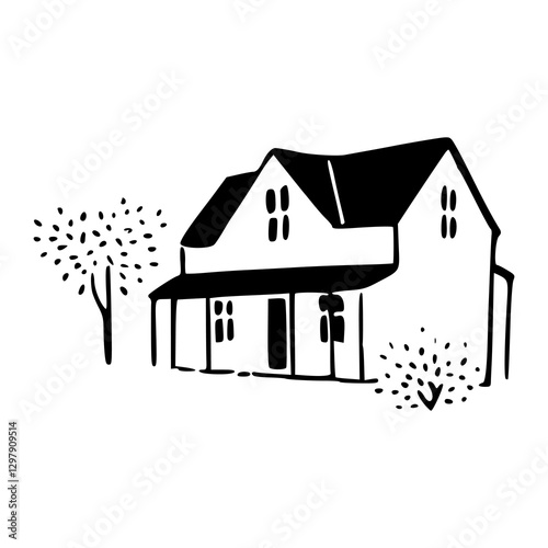 simple house vector illustration with tree and bushes