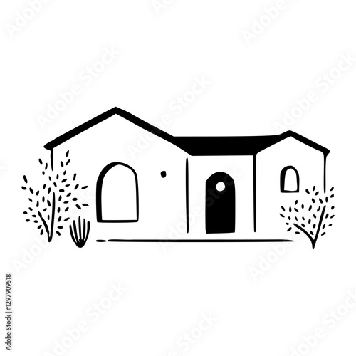 simple house vector illustration with tree and bushes